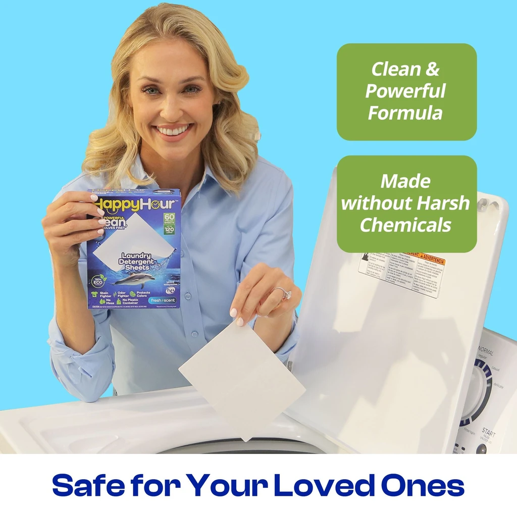 Bell + Howell Happy Hour Laundry Detergent Sheets up to 120 Loads, Non Toxic, for Sensitive Skin, Recyclable, Eco-Friendly