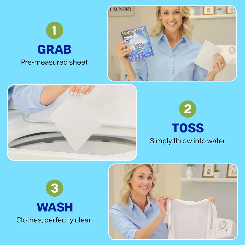 Bell + Howell Happy Hour Laundry Detergent Sheets up to 120 Loads, Non Toxic, for Sensitive Skin, Recyclable, Eco-Friendly