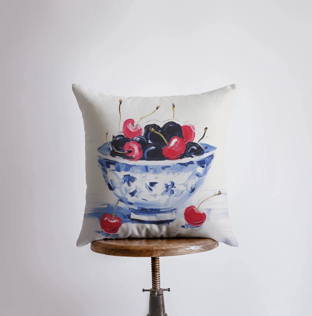 UniikPillows Black and Red Cherry Bowl | Gouache Painting | Food Pillow | Fruit | Still Life | Throw Pillow | Home Decor | Gift for Her | Pillow Cover by UniikPillows