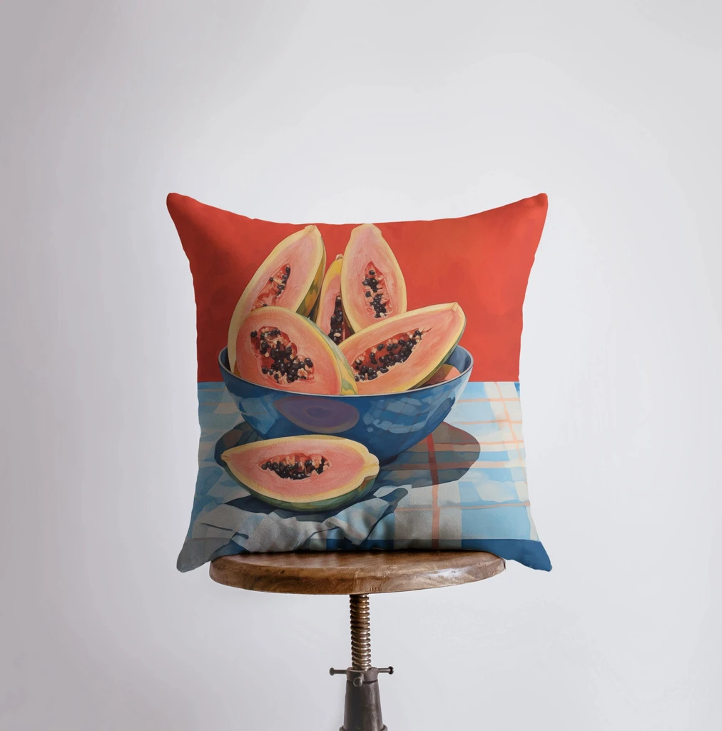 UniikPillows Bright Papaya Bowl | Gouache Painting | Food Pillow | Fruit | Abstract Still Life | Throw Pillow | Home Decor | Gift for Her | Pillow Cover by UniikPillows