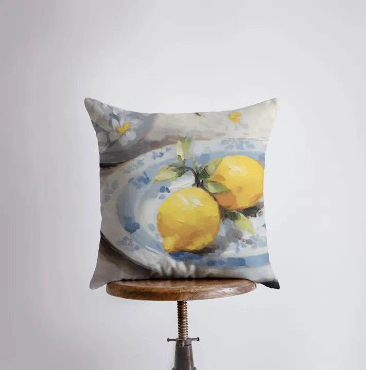 UniikPillows Lemon Plate Still Life | Gouache Painting | Fruit | Citrus | Food Pillow | Throw Pillow | Home Decor | Gift for Her | Pillow Cover by UniikPillows