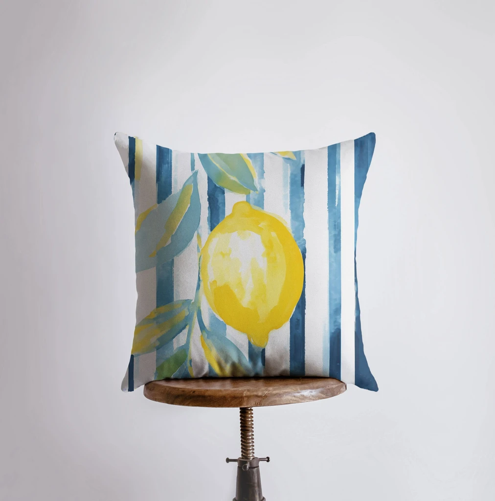 UniikPillows Lemon and Stripes | Gouache Painting | Food Pillow | Citrus | Abstract Still Life | Throw Pillow | Home Decor | Gift for Her | Pillow Cover by UniikPillows