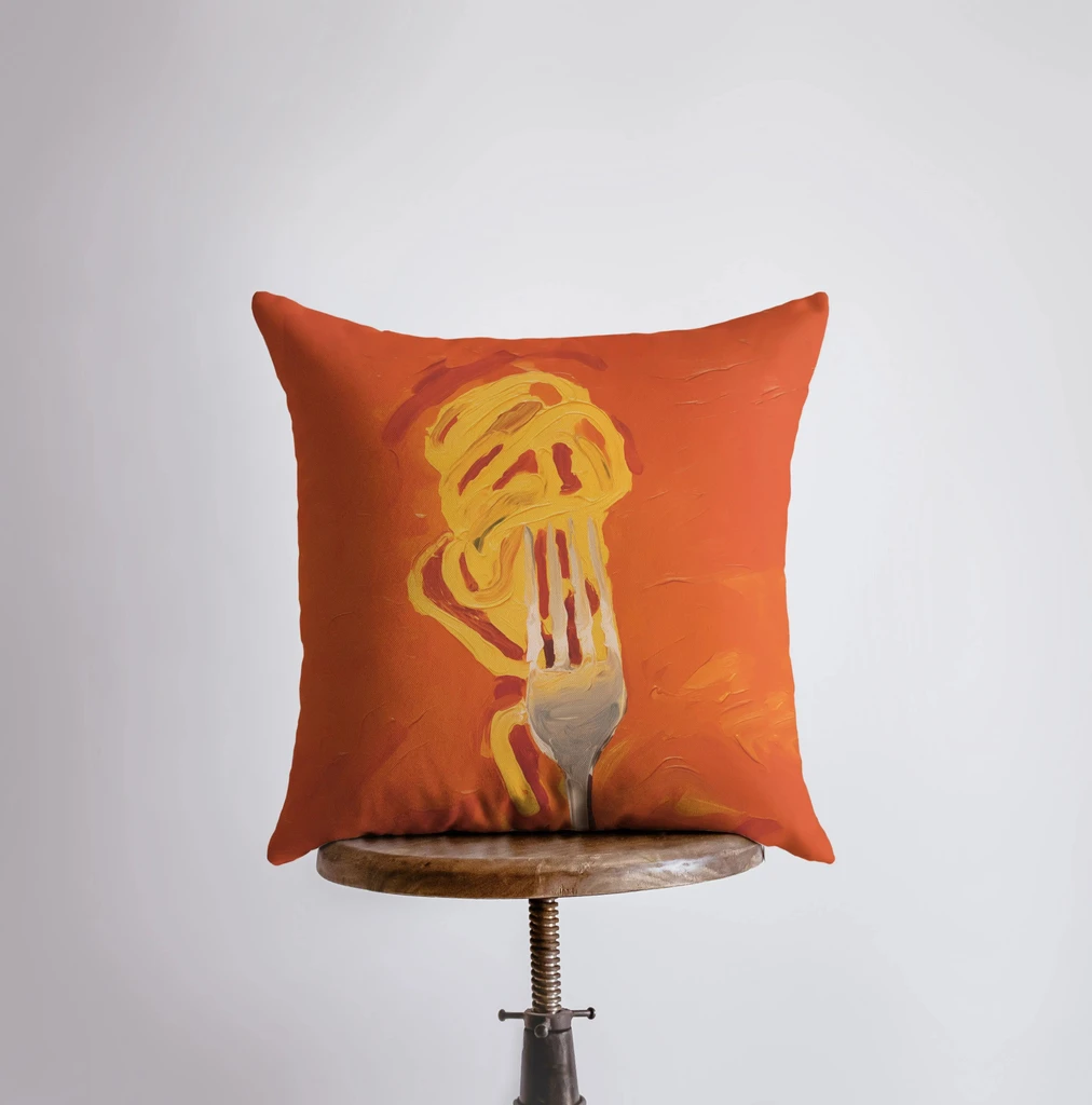 UniikPillows Orange Fork and Pasta | Gouache Painting | Food Pillow | Abstract Still Life | Throw Pillow | Home Decor | Gift for Her | Pillow Cover by UniikPillows