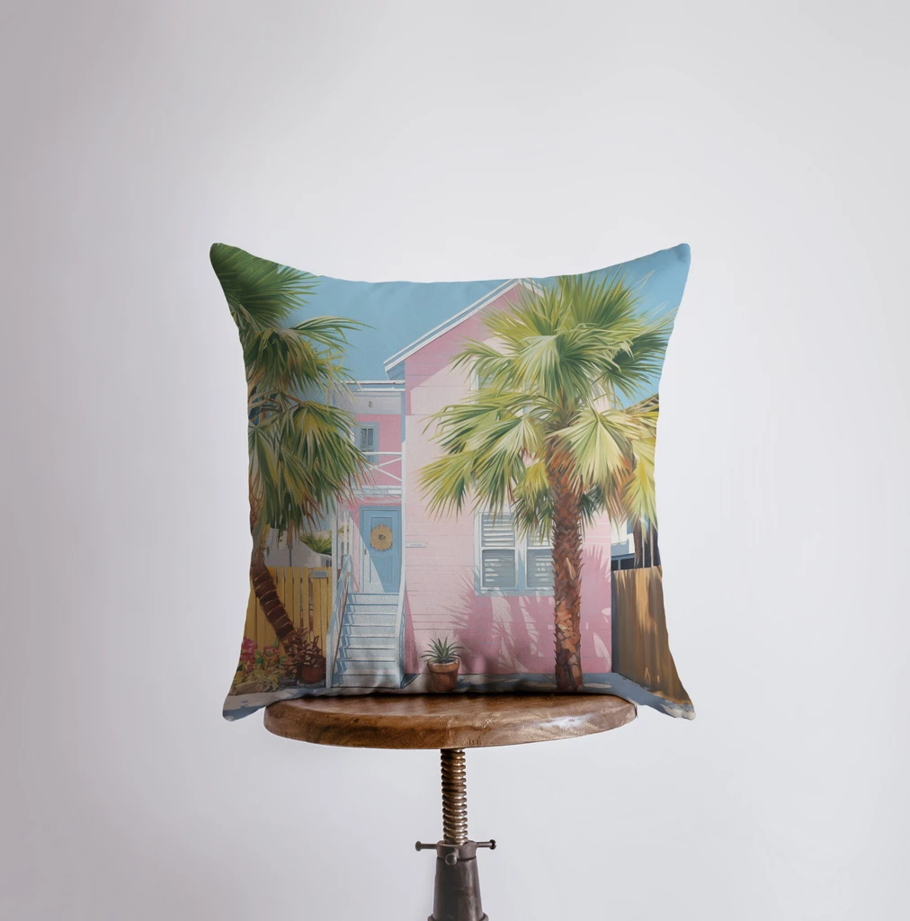 UniikPillows Pink Beach House | Gouache Painting | Coastal | Palm Trees | Throw Pillow | Beach | Home Decor | Gift for Her | Pillow Cover | Travel Gift by UniikPillows