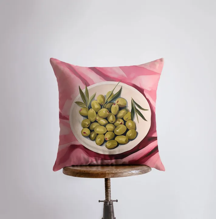 UniikPillows Pink Olives | Gouache Painting | Food Pillow | Abstract Still Life | Throw Pillow | Home Decor | Gift for Her | Pillow Cover | Travel Gift by UniikPillows