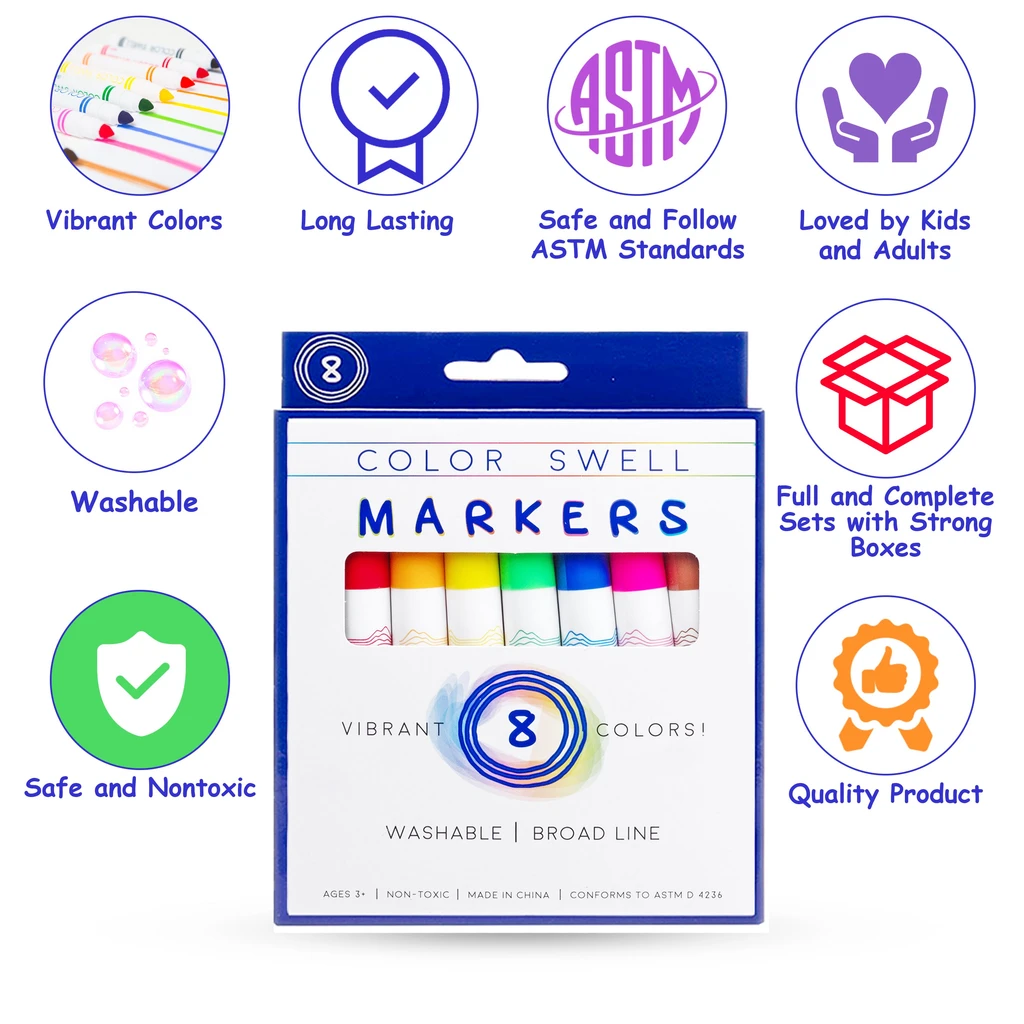Color Swell Washable Colored Markers With 8 Vibrant Colors