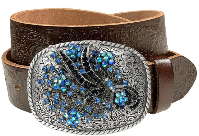 Belt Rhinestone Western Floral Engraved Leather Buckle Belt with Rhinestones