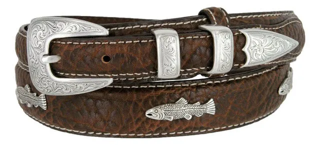 Belt Rhinestone Western Silver Engraved Fish Conchos Ranger Belt