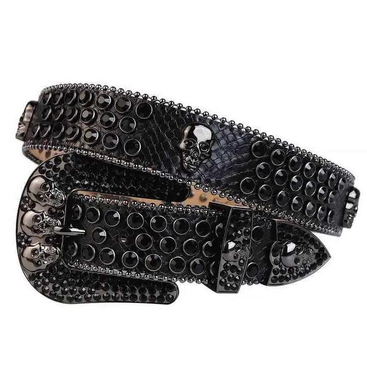Belt Rhinestone Stylish Black Leather Rhinestone Belt with Skull Buckle