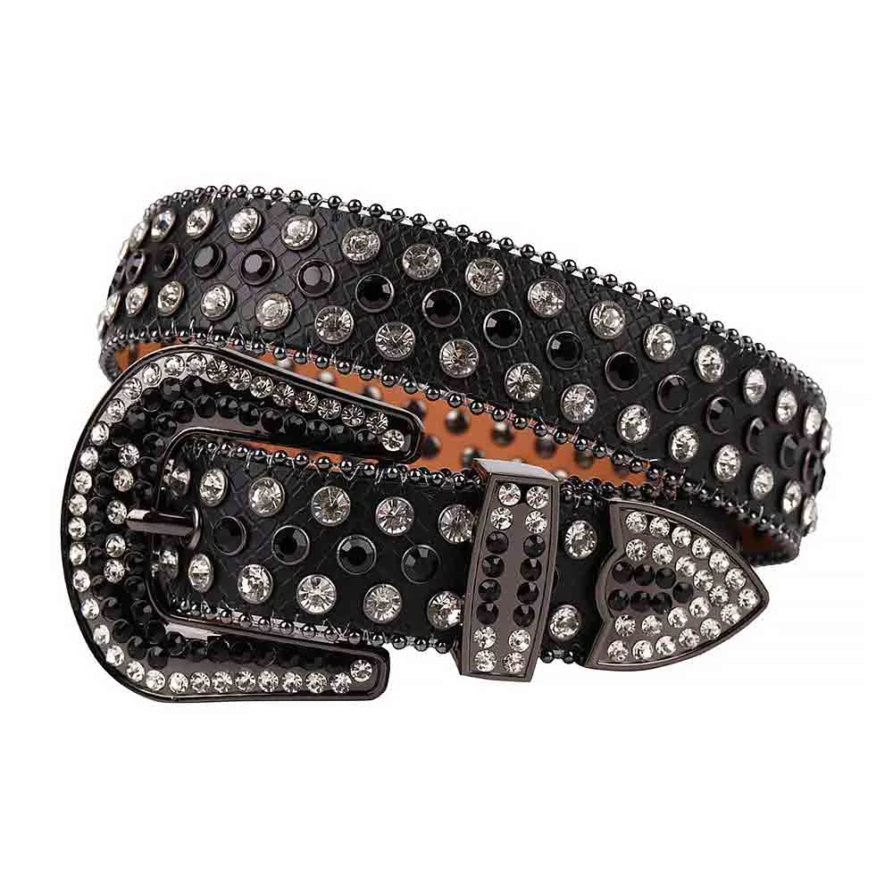 Belt Rhinestone Unisex Black Rhinestone Leather Belt for Fashion & Style