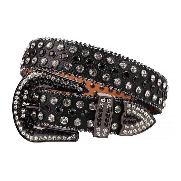 Belt Rhinestone Unisex Black Rhinestone Leather Belt for Fashion & Style