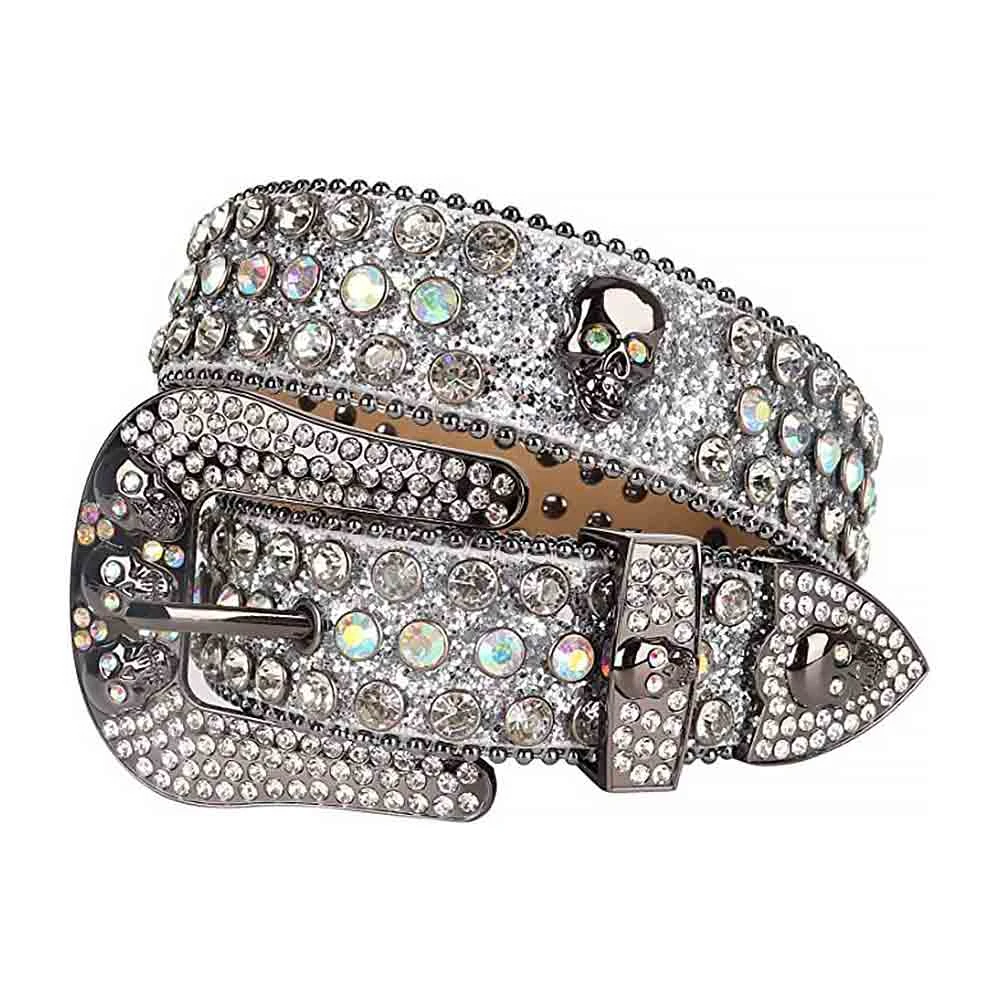 Belt Rhinestone White Glitter Rhinestones Skull Buckle Belt