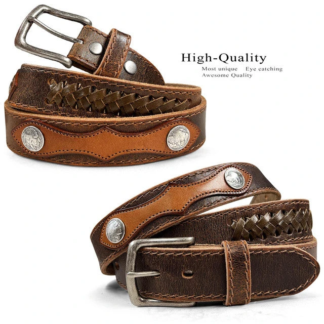 Belt Rhinestone Genuine Leather Western Antique Buckle Belt with Coin Conchos