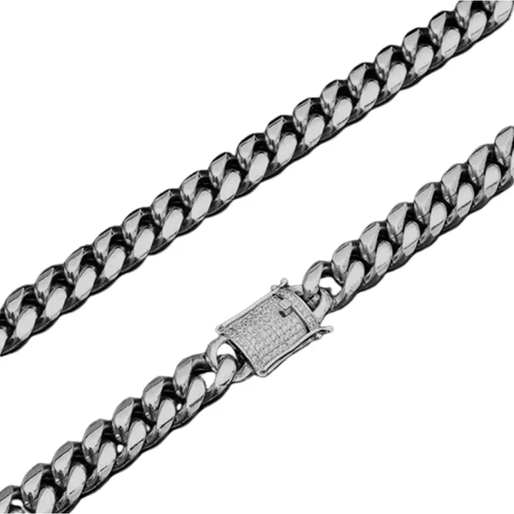 Belt Rhinestone Men's Silver-Plated 12MM Miami Cuban Link Chain