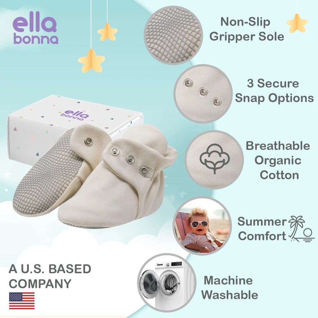 Ella Bonna Organic Cotton Baby Booties, Non-Slip Sole, Cotton Newborn Booties