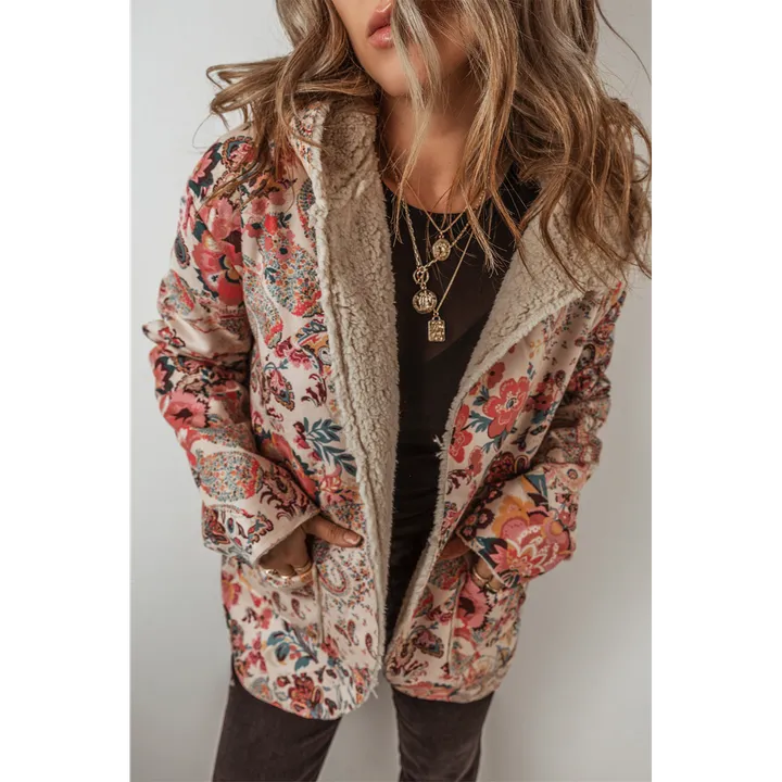 PALERMO Vintage Paisley Floral Printed Sherpa Lined Hooded Jacket