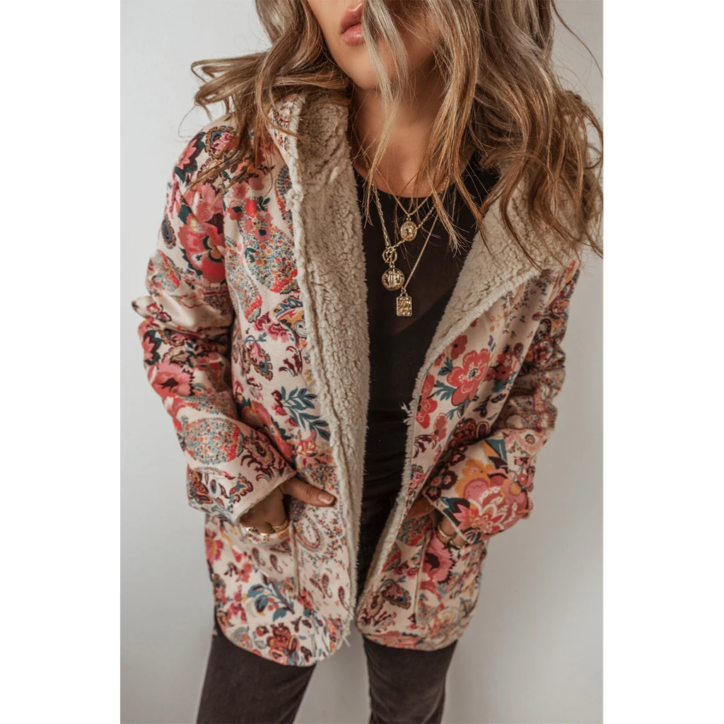 PALERMO Vintage Paisley Floral Printed Sherpa Lined Hooded Jacket