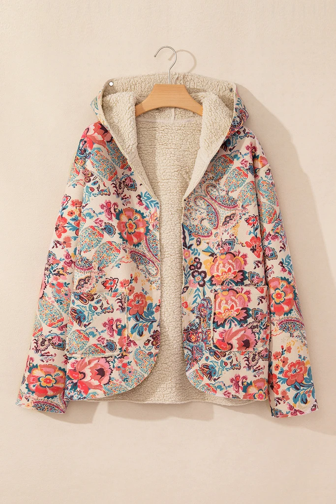 PALERMO Vintage Paisley Floral Printed Sherpa Lined Hooded Jacket