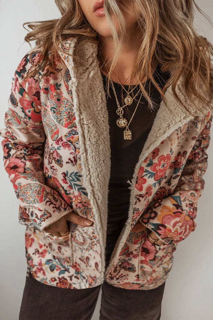 PALERMO Vintage Paisley Floral Printed Sherpa Lined Hooded Jacket