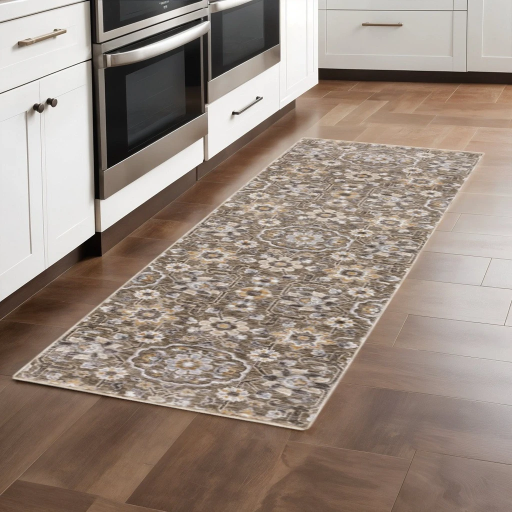 HomeRoots Floral Power Loom Stain Resistant Runner Rug With Fringe