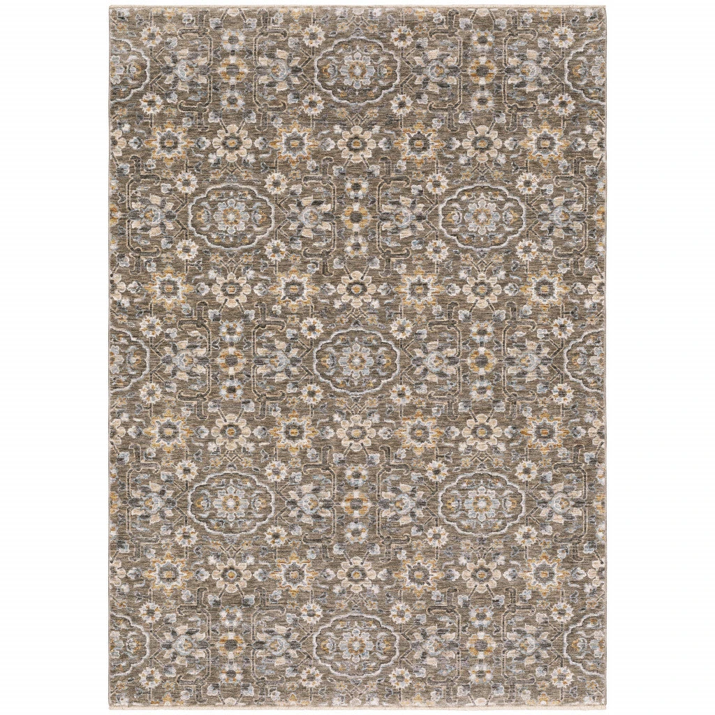 HomeRoots Floral Power Loom Stain Resistant Area Rug With Fringe