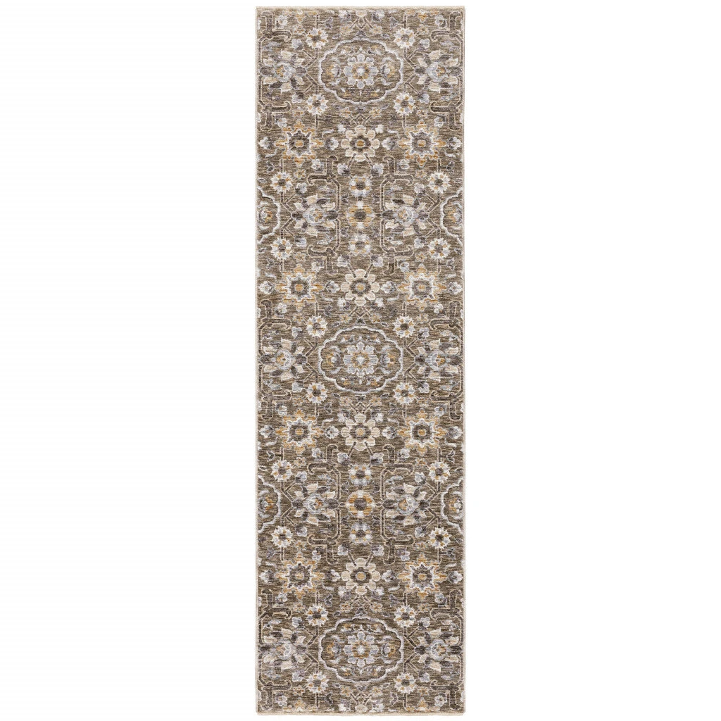 HomeRoots Floral Power Loom Stain Resistant Runner Rug With Fringe