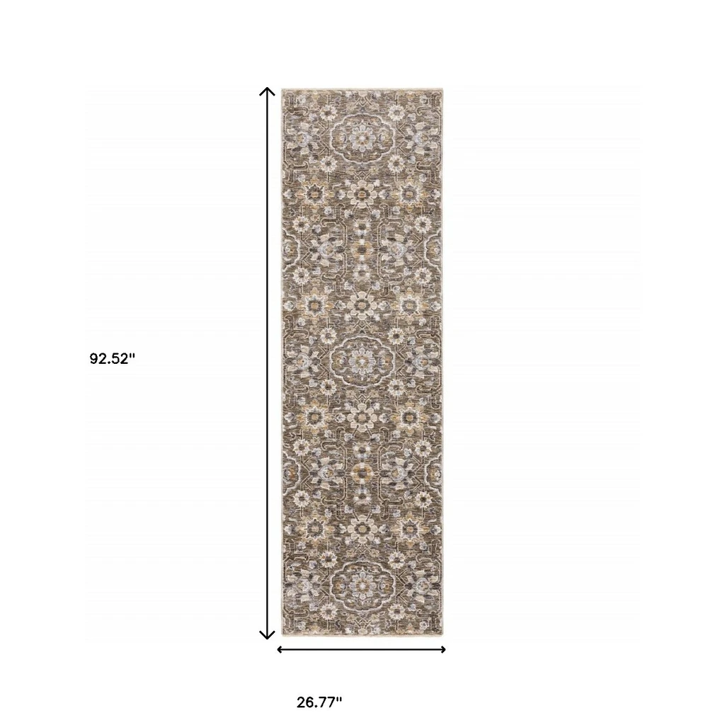 HomeRoots Floral Power Loom Stain Resistant Runner Rug With Fringe