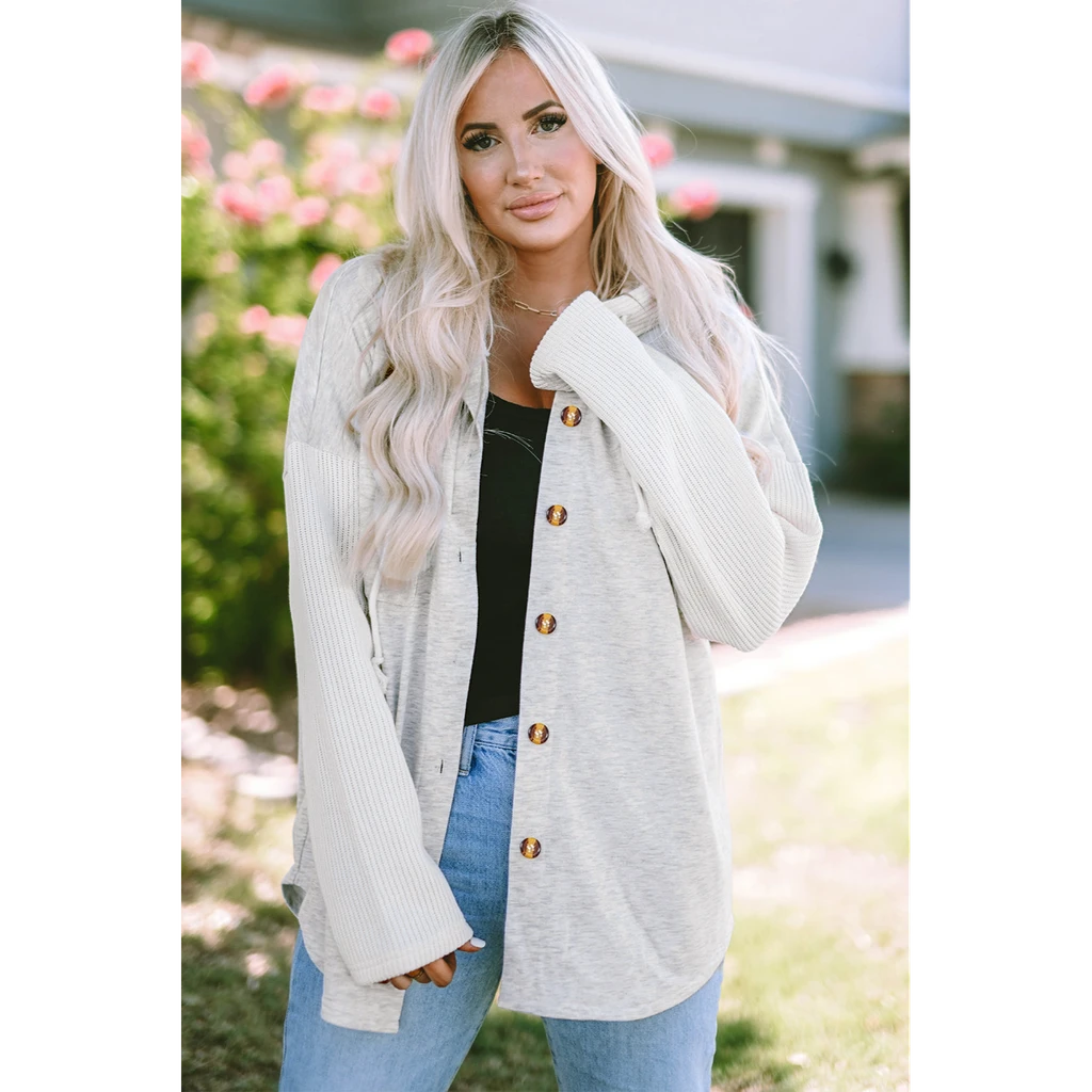 PALERMO Button Up Contrast Knitted Sleeves Hooded Jacket