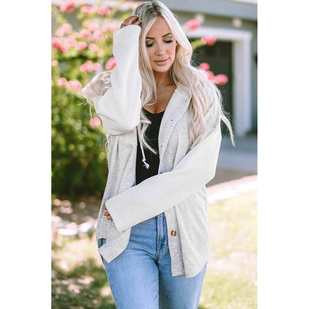 PALERMO Button Up Contrast Knitted Sleeves Hooded Jacket