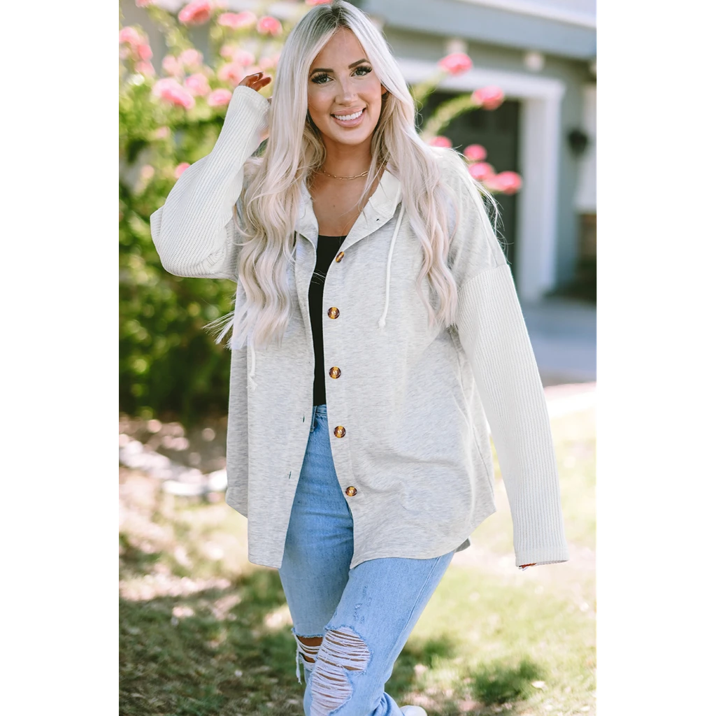PALERMO Button Up Contrast Knitted Sleeves Hooded Jacket