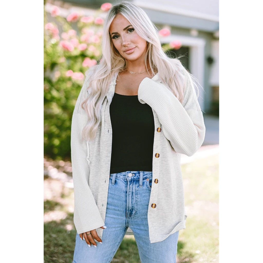 PALERMO Button Up Contrast Knitted Sleeves Hooded Jacket