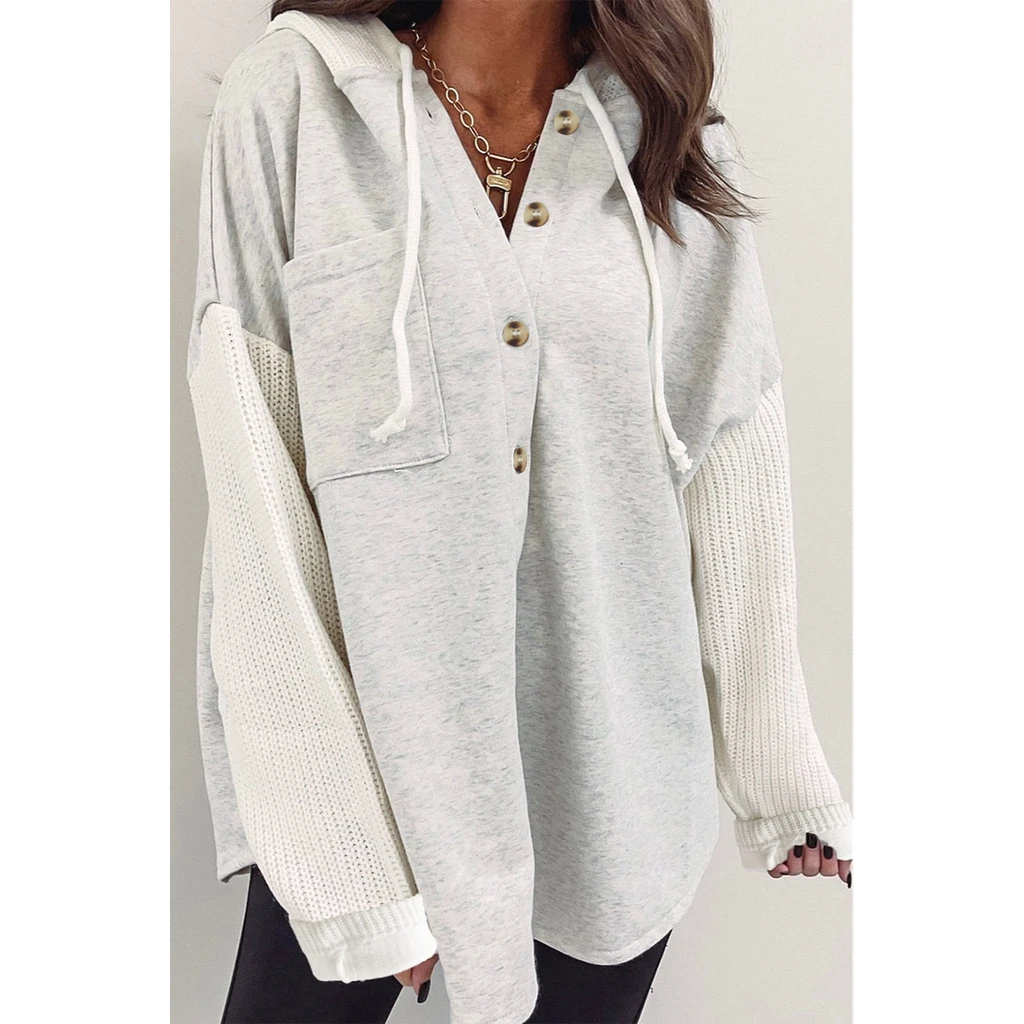 PALERMO Button Up Contrast Knitted Sleeves Hooded Jacket