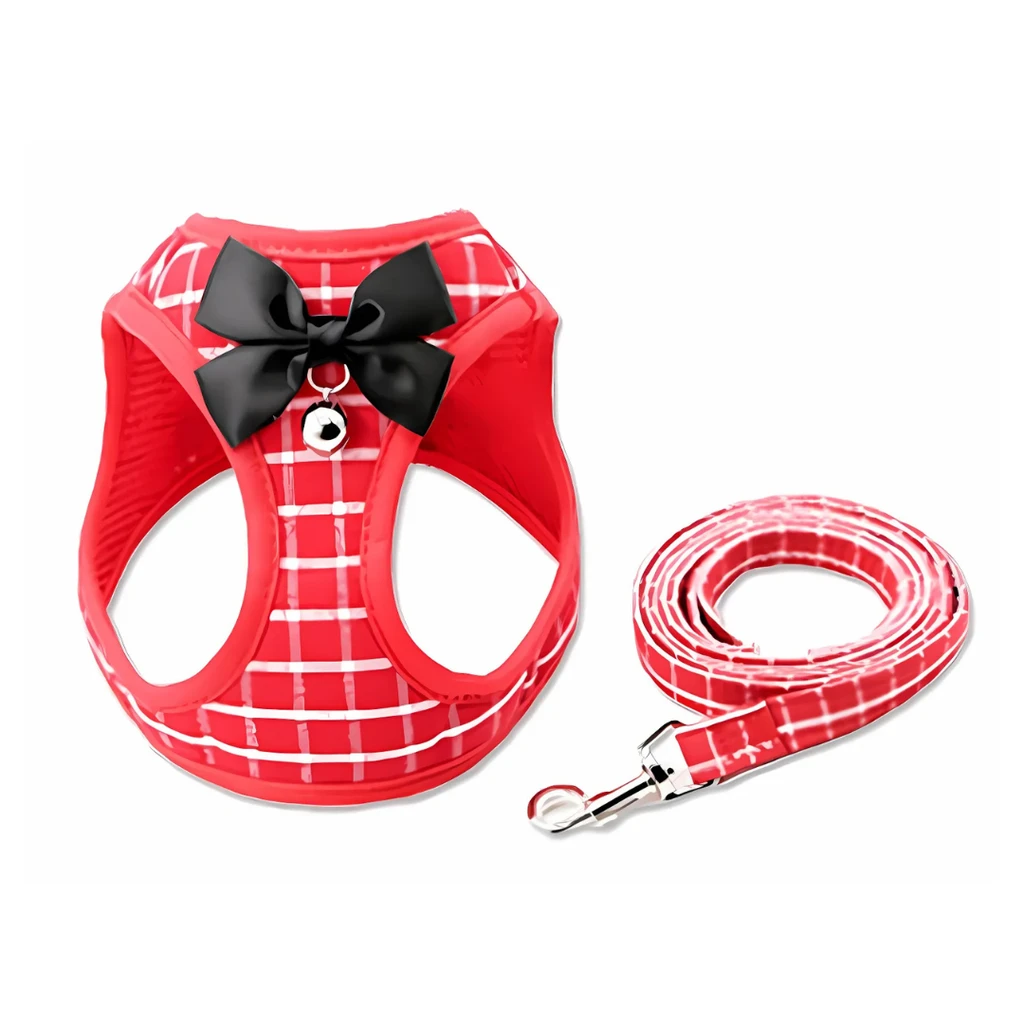 Dog Hugs Cat Grid Pattern Cat Chain Traction Rope Set With Chest Harness And Collar