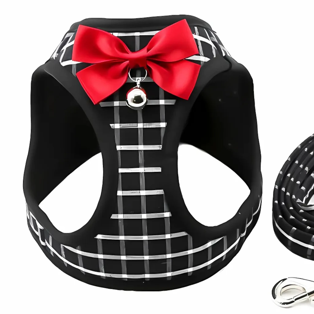Dog Hugs Cat Grid Pattern Cat Chain Traction Rope Set With Chest Harness And Collar