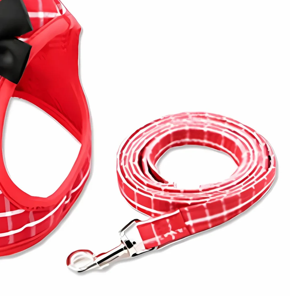 Dog Hugs Cat Grid Pattern Cat Chain Traction Rope Set With Chest Harness And Collar