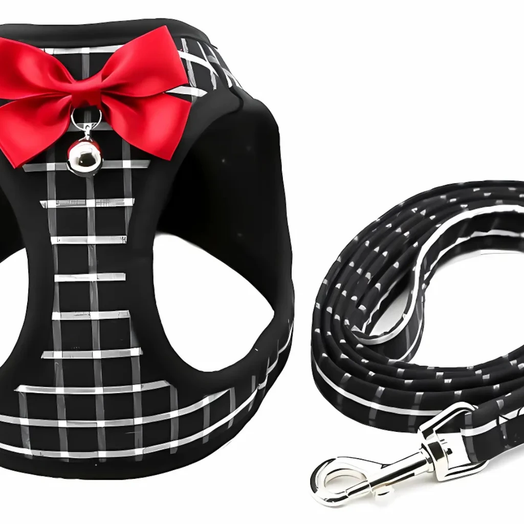 Dog Hugs Cat Grid Pattern Cat Chain Traction Rope Set With Chest Harness And Collar
