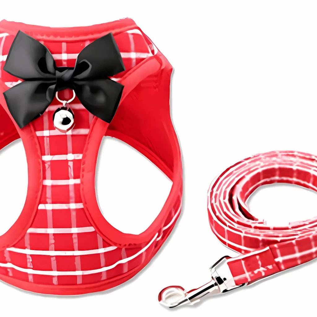 Dog Hugs Cat Grid Pattern Cat Chain Traction Rope Set With Chest Harness And Collar