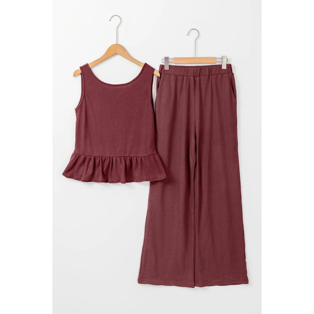 Threaded Pear Apparel Teresa Ribbed Ruffle Tank Top And Pants Set