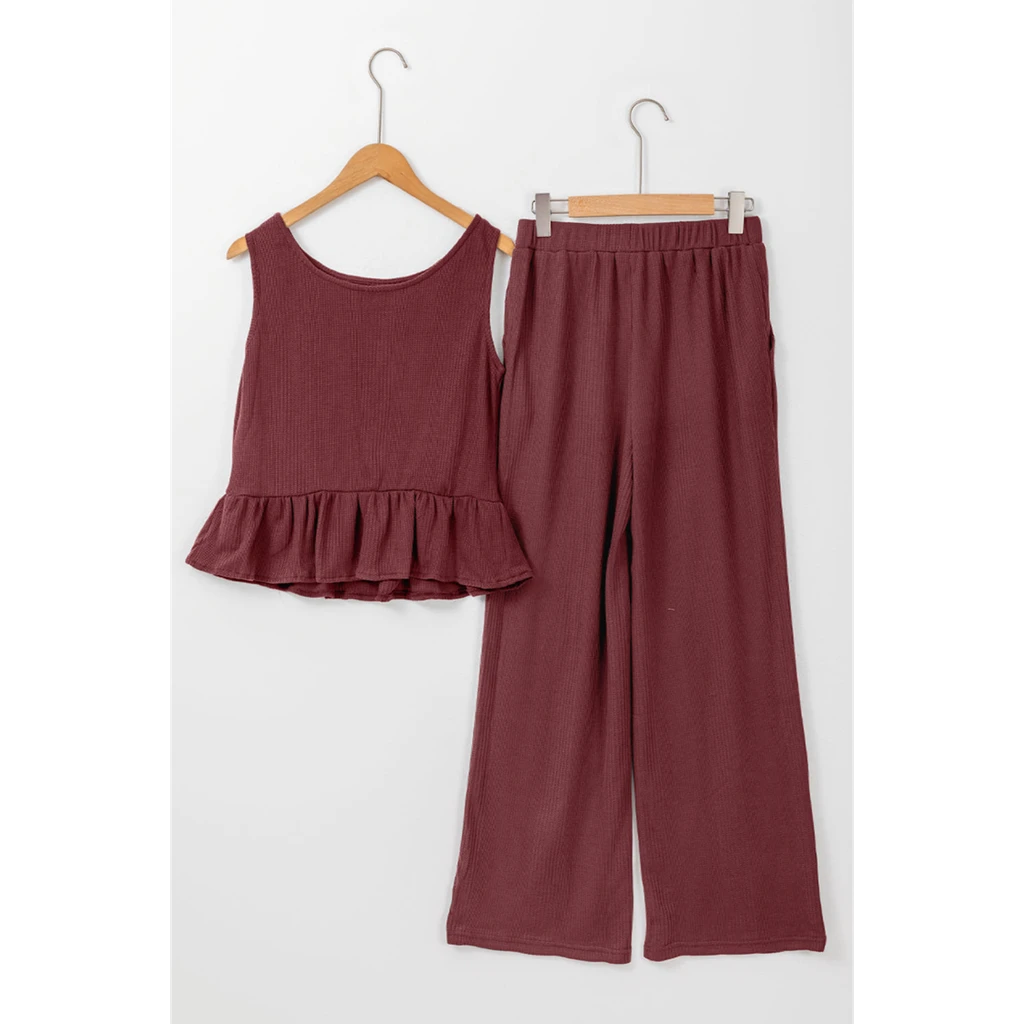 Threaded Pear Apparel Teresa Ribbed Ruffle Tank Top And Pants Set
