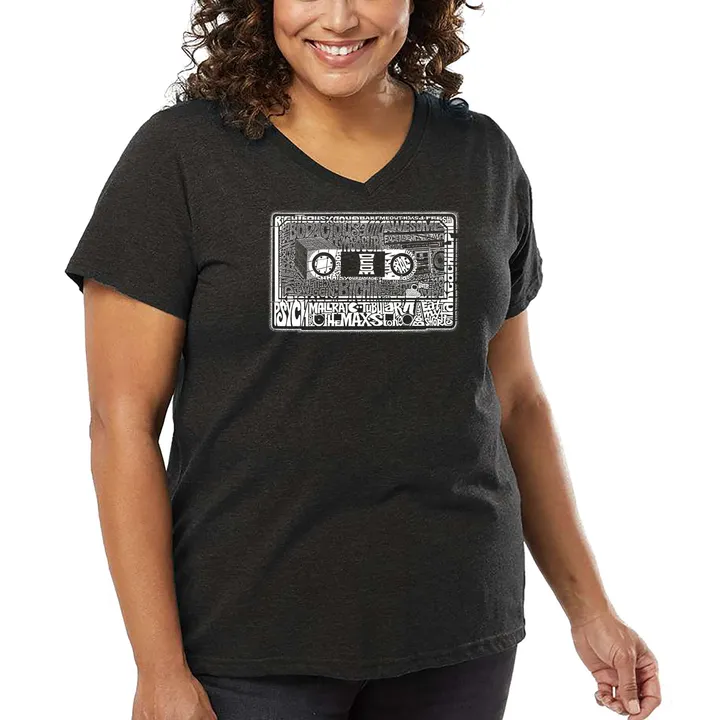 Los Angeles Pop Art Women's Plus Size 80's Word Art V-Neck Shirt