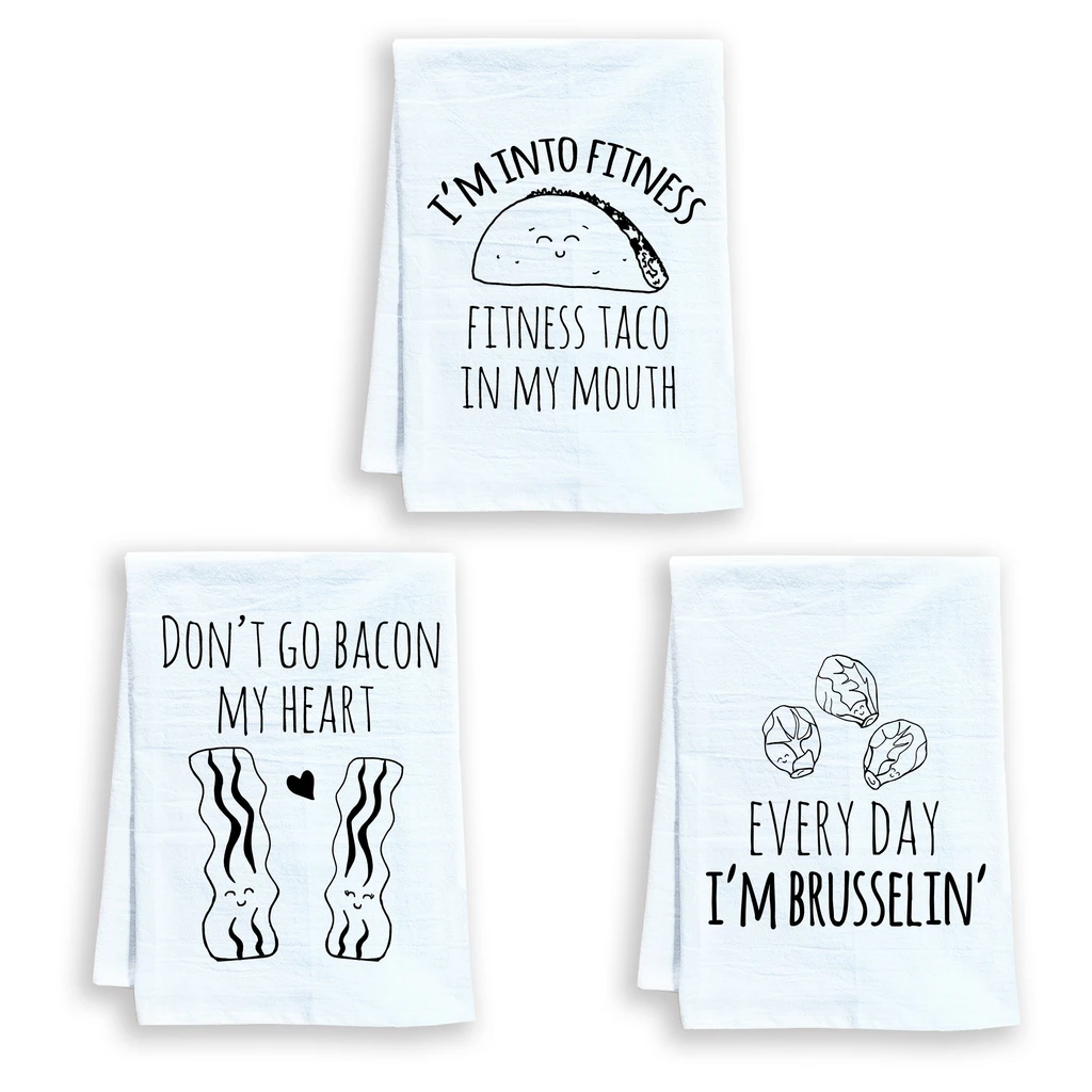 Moonlight Makers Dish Towel Set of 3 - Bacon Heart, Fitness Taco, Brusselin