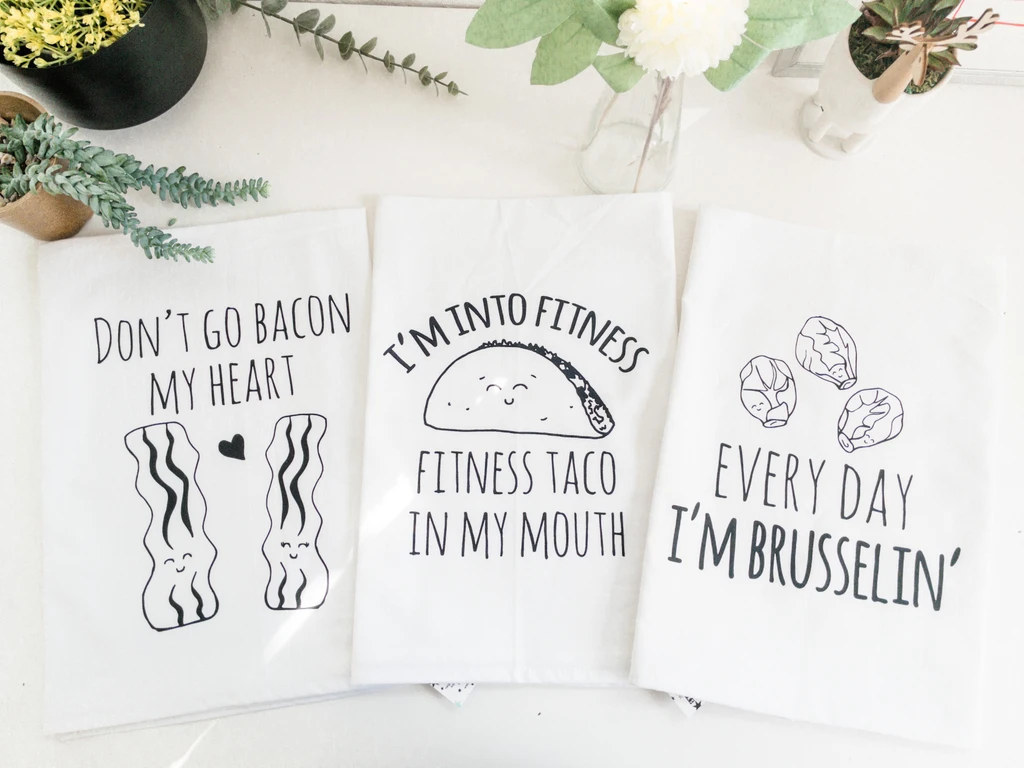 Moonlight Makers Dish Towel Set of 3 - Bacon Heart, Fitness Taco, Brusselin