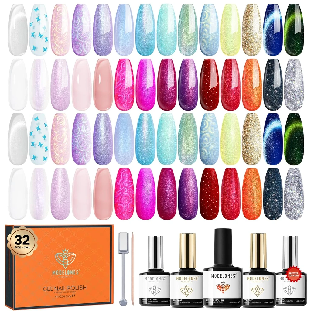 Modelones 32-Piece Summer Gel Nail Polish Set – 28 Colors Including Glitter, Cat Eye, Jelly, Pearl & Chameleon