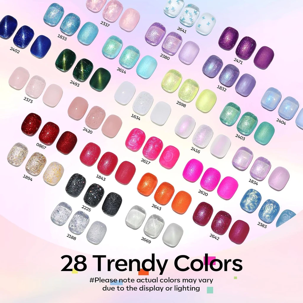 Modelones 32-Piece Summer Gel Nail Polish Set – 28 Colors Including Glitter, Cat Eye, Jelly, Pearl & Chameleon