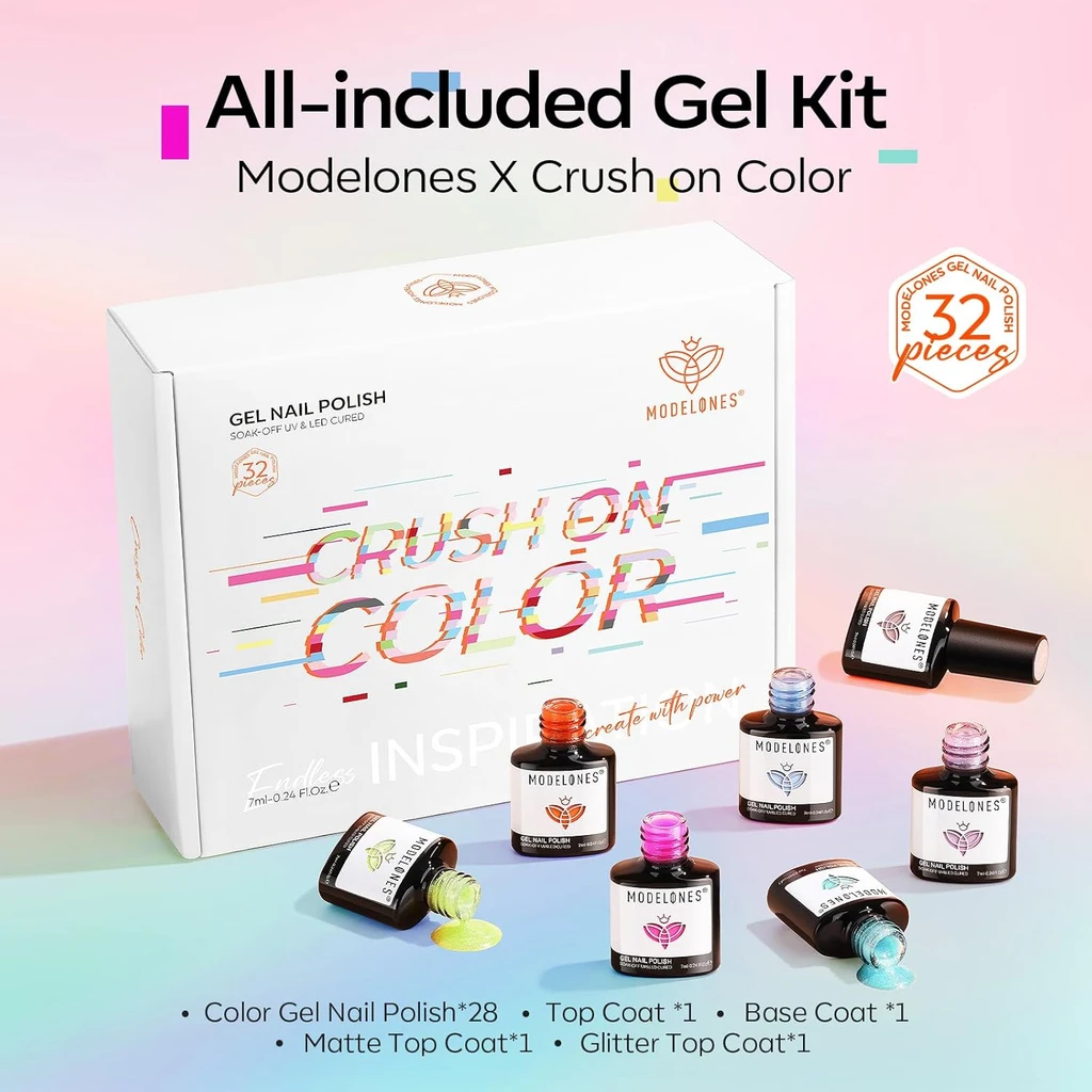 Modelones 32-Piece Summer Gel Nail Polish Set – 28 Colors Including Glitter, Cat Eye, Jelly, Pearl & Chameleon