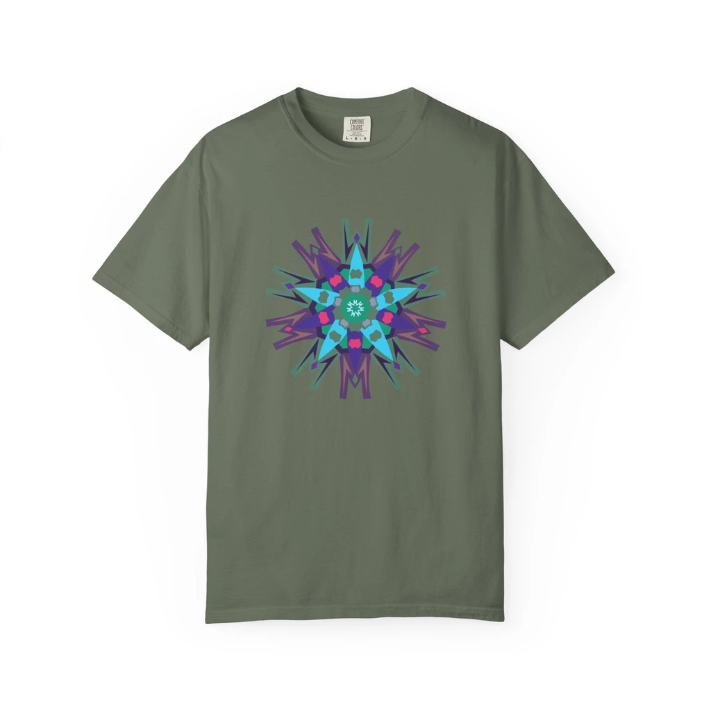 Geo Designs on Clothing Sarah Molloy New Zealand Eastern Peace Flower Unisex Garment Dyed T-Shirt