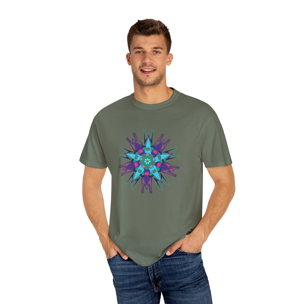 Geo Designs on Clothing Sarah Molloy New Zealand Eastern Peace Flower Unisex Garment Dyed T-Shirt