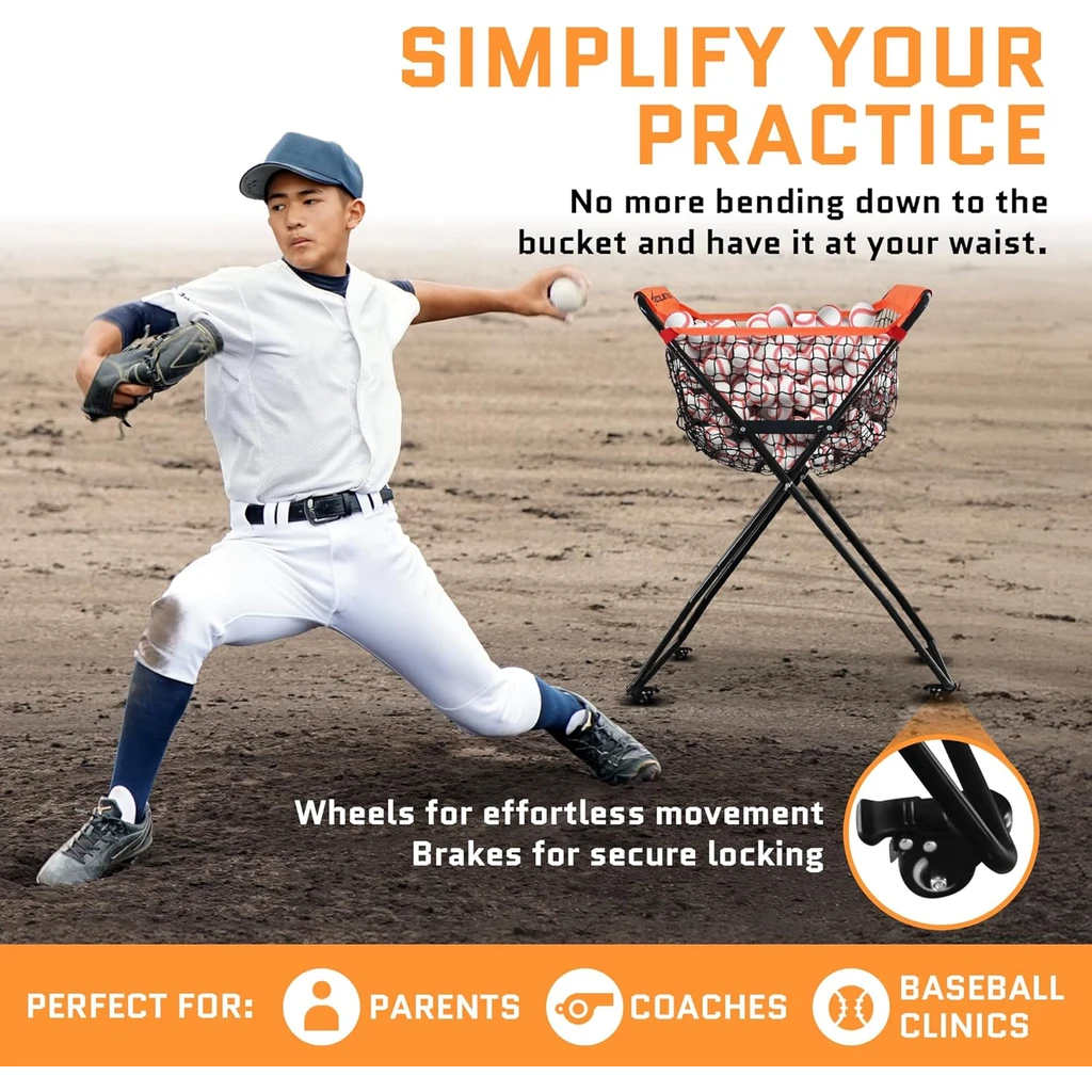 Aceletiqs Ball Caddy For Baseball Softball, 4-Leg With Wheels, Holds 60