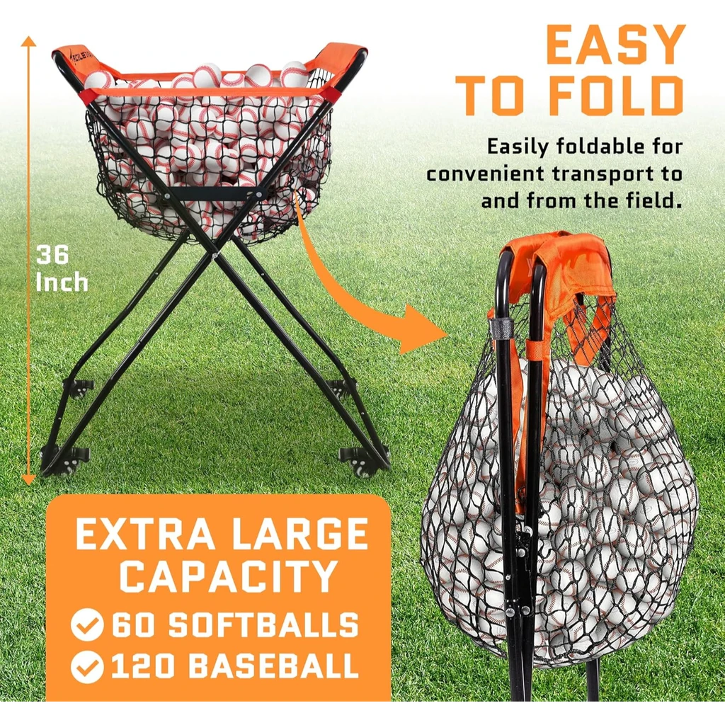 Aceletiqs Ball Caddy For Baseball Softball, 4-Leg With Wheels, Holds 60