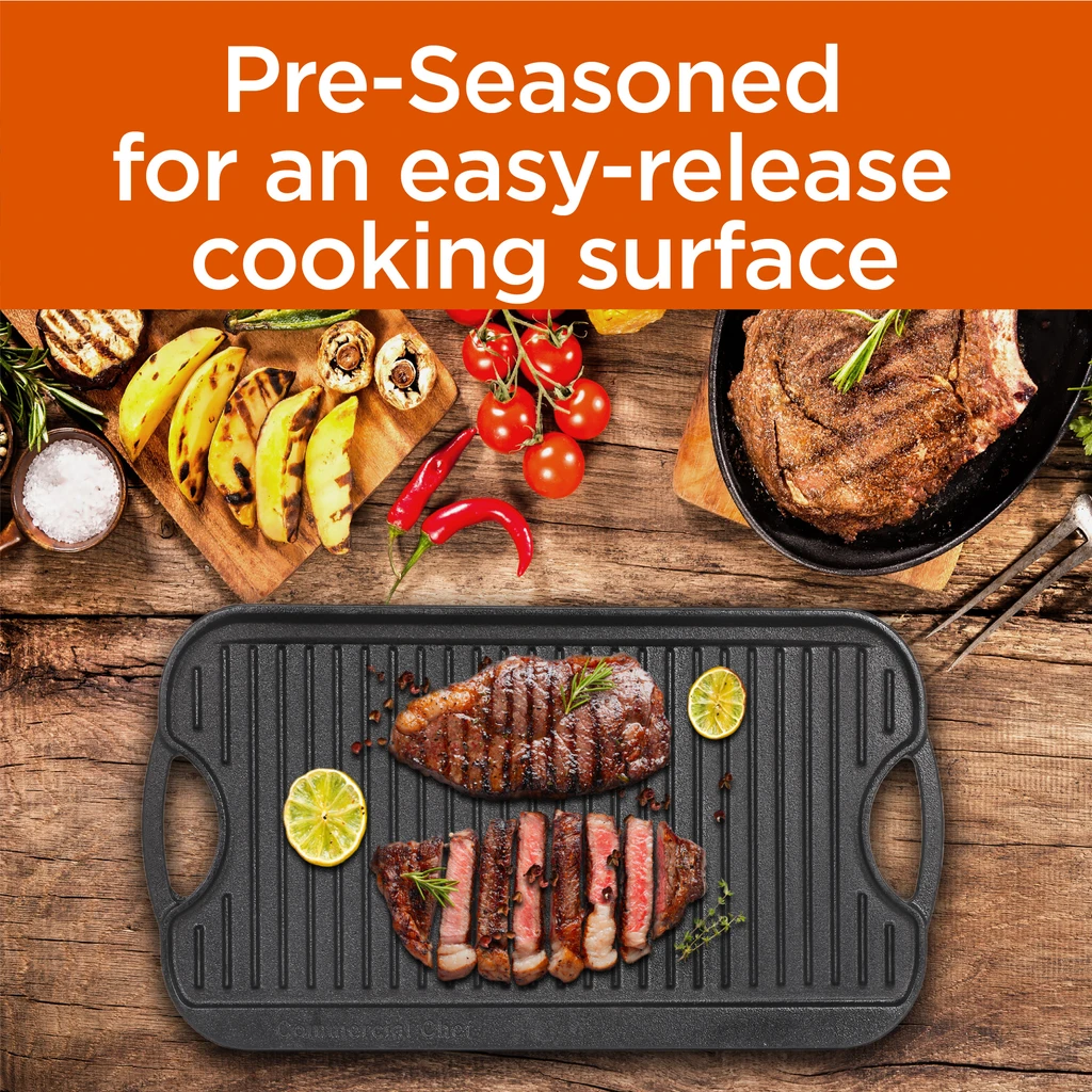 Commercial Chef Cast Iron Griddle, Reversible Grill Griddle With Dual Handles